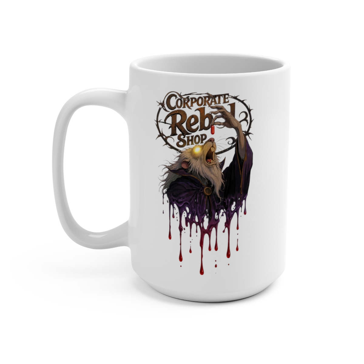 The Corporate Rebel Morbious logo on a white 15oz coffee mug