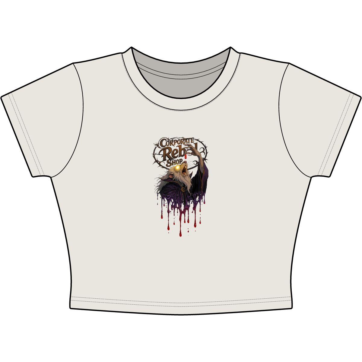 The Corporate Rebel Morbious logo printed on a women's baby tee crop top